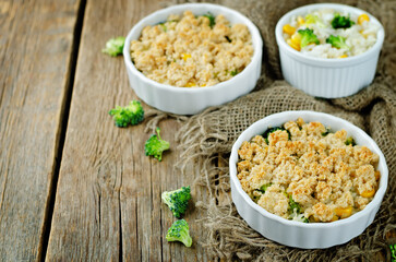 Broccoli corn rice casserole in a white plate