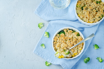 Broccoli corn rice casserole in a white plate