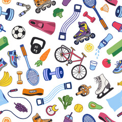 Doodle illustration composed from icons representing healthy lifestyle. Seamless pattern with sport equipment, isolated on white. Vector hand drawn background with sport and fitness icons.