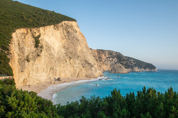 View of Porto Katsiki beach under the cliffs next to turquoise sea at Lefkada island in Greece