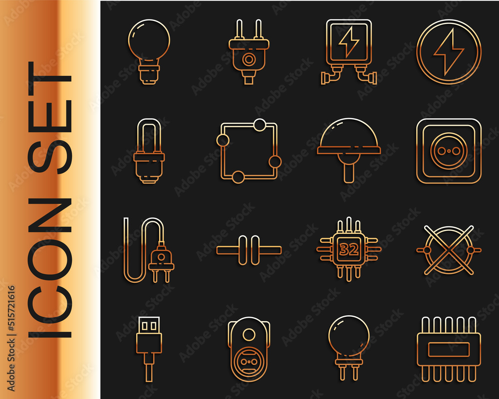 Poster set line processor with microcircuits cpu, electric scheme, electrical outlet, transformer, led ligh