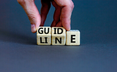 Guideline symbol. Concept word Guideline on wooden blocks. Businessman hand changes words Guide on...