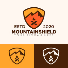 simple minimalist mountain adventure shield logo design