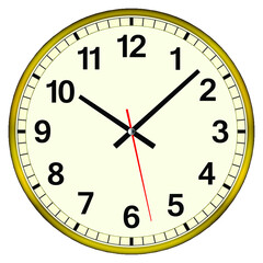 Realistic classic wall clock icon. Gold color clock vector illustration
