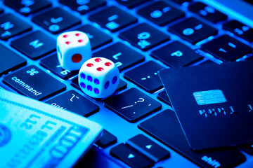 Gambling background. Making profit with online casino, online gaming concept. Game dice, credit...