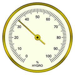 Circular analog Hygrometer indicator face. A hygrometer is an instrument used for measuring the amount of humidity. Hygrometer vector illustration.