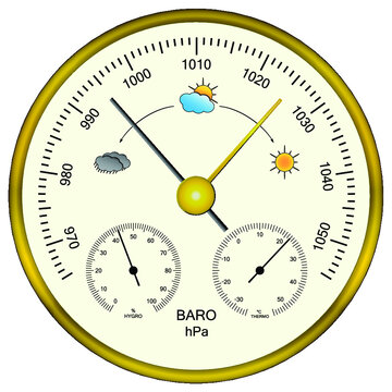 Circular analog Barometer indicator vector. 3-in-1 Aneroid Barometer with Thermometer and Hygrometer illustration. (Barometer is a instrument used in to measure atmospheric pressure)