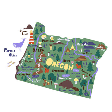Oregon infographic flat hand drawn vector illustration. American state map isolated.