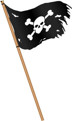 Ragged black pirates flag with bones and skull