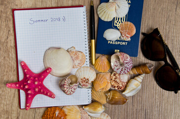 holiday background with seashells and starfish