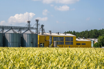 silos and agro-industrial livestock complex on agro-processing and manufacturing plant with modern granary elevator. chicken farm. rows of chicken coop