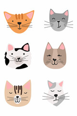 A set of cute cats. Beautiful kittens. Vector cat faces for postcard, notepad, cup and clothes