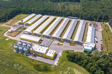 aerial view on silos and agro-industrial livestock complex on agro-processing and manufacturing plant with modern granary elevator. chicken farm. rows of chicken coop © hiv360