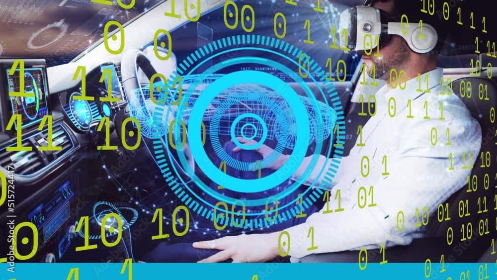 Aufkleber animation of data processing and binary code over caucasian man in vr headset and futuristic car
