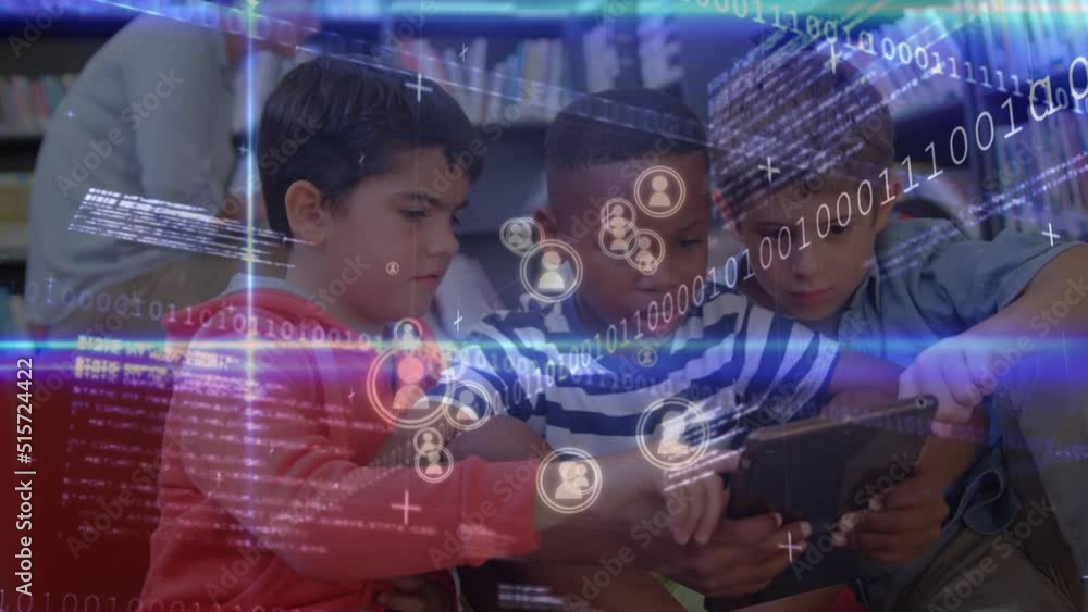 Poster animation of data processing and falling icons over group of diverse schoolchildren