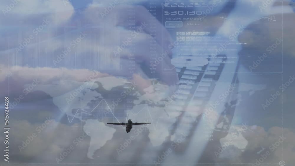 Poster animation of data processing over plane, world map and hands of man typing on keyboard