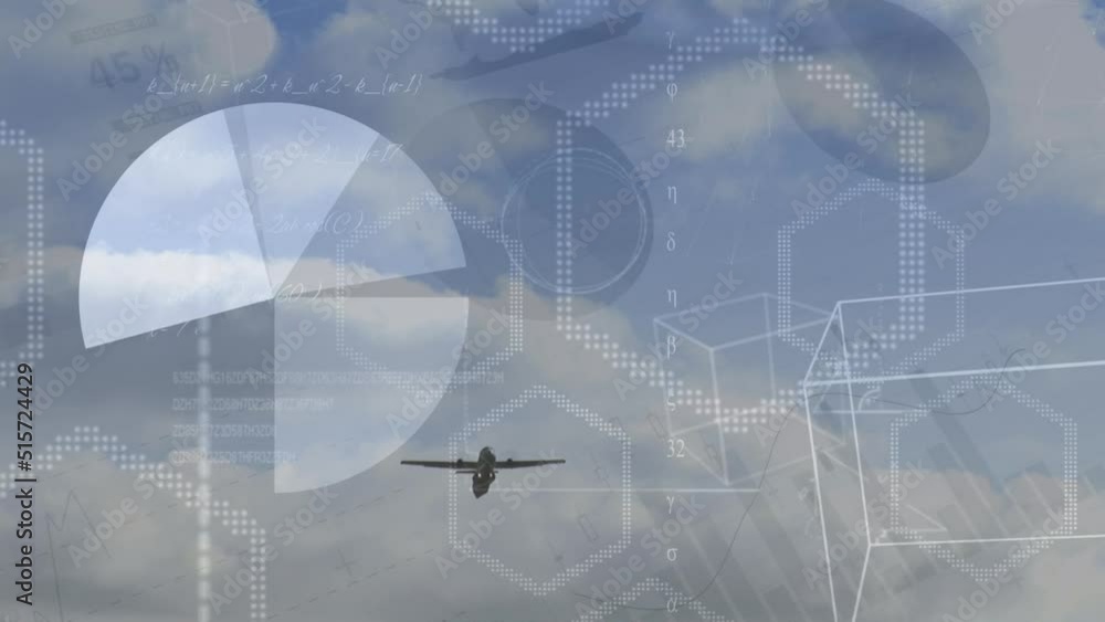 Poster animation of data processing over plane, graphs, math formulas and sky