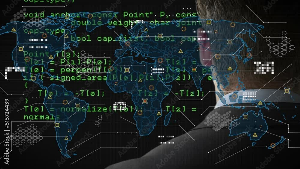 Poster animation of data processing, world map and back view of caucasian businessman on black screen