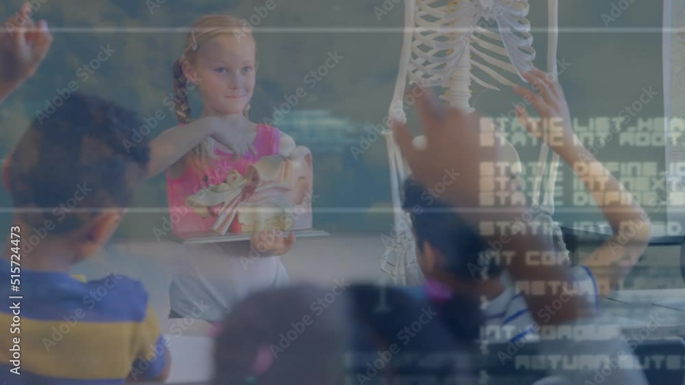 Poster animation of data processing over caucasian girl making presentation and class of diverse pupils