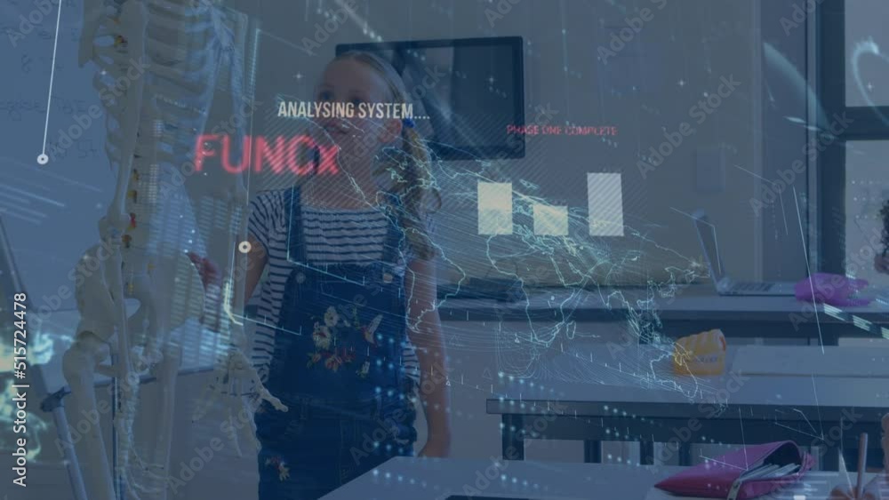 Aufkleber animation of data processing over caucasian girl making presentation and class of diverse pupils