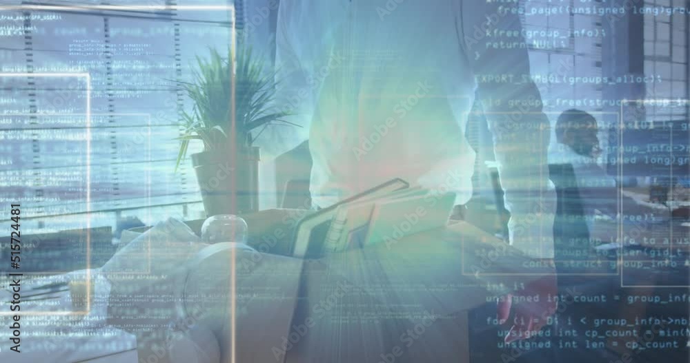 Poster animation of data processing over midsection of cacasian businessman in office