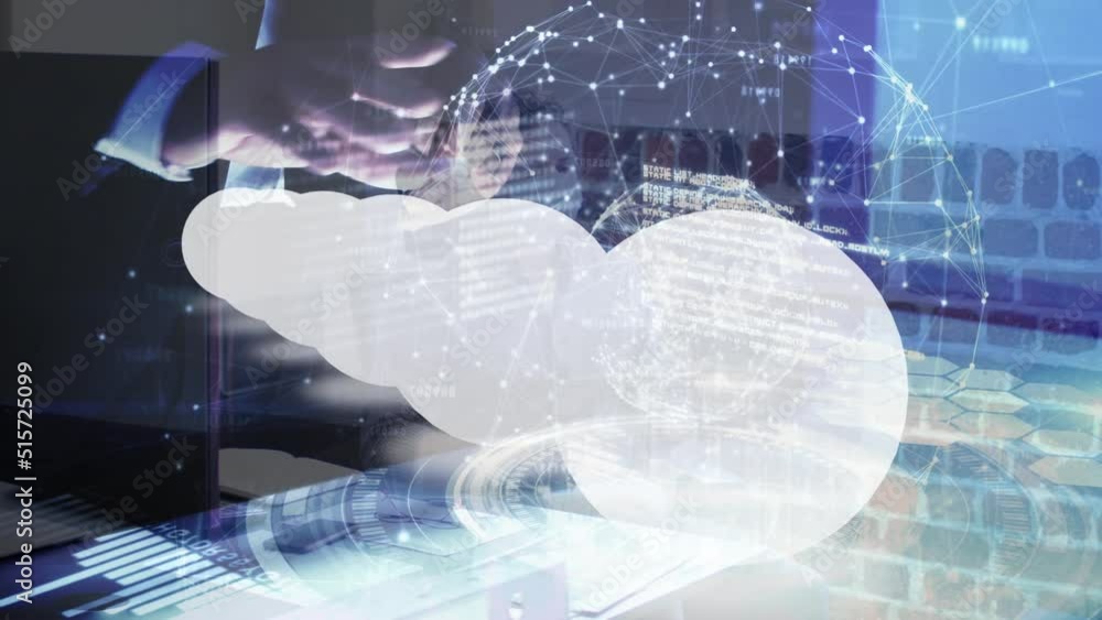 Poster animation of digital screen with white shape over hands of caucasian businessman using touchscreen