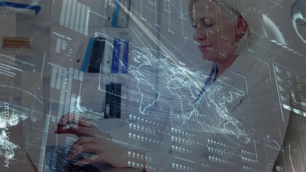 Poster animation of data processing and world map over caucasian female doctor using computer