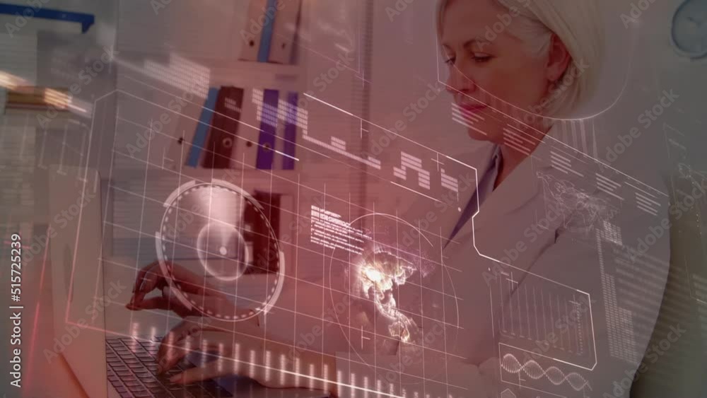 Poster animation of data processing on digital screen over caucasian female doctor using computer