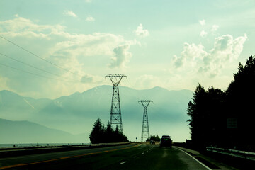 Driving on the Kenai Peninsula in Alaska on a foggy evening in summer