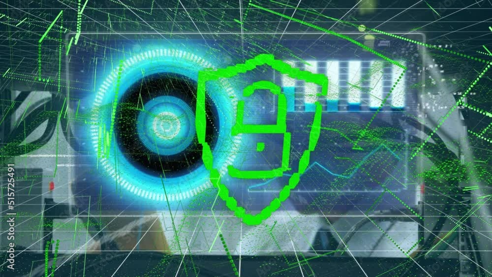 Poster animation od digital padlock, screens and data processing over caucasian man checking servers