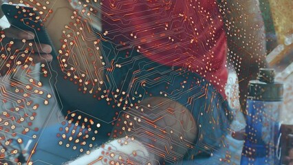 Animation of data processing over african american man drinking water - Powered by Adobe