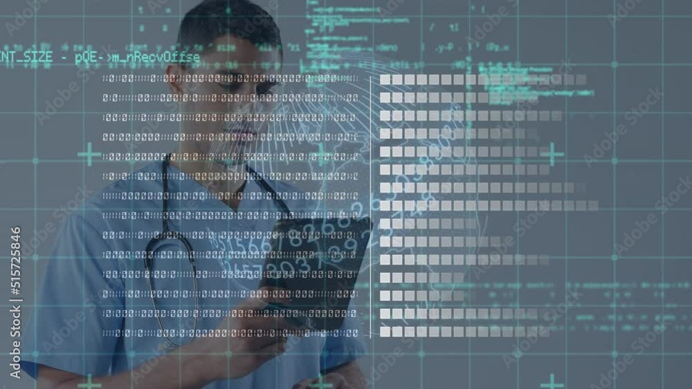 Poster animation of data processing and globe over biracial male doctor using tablet