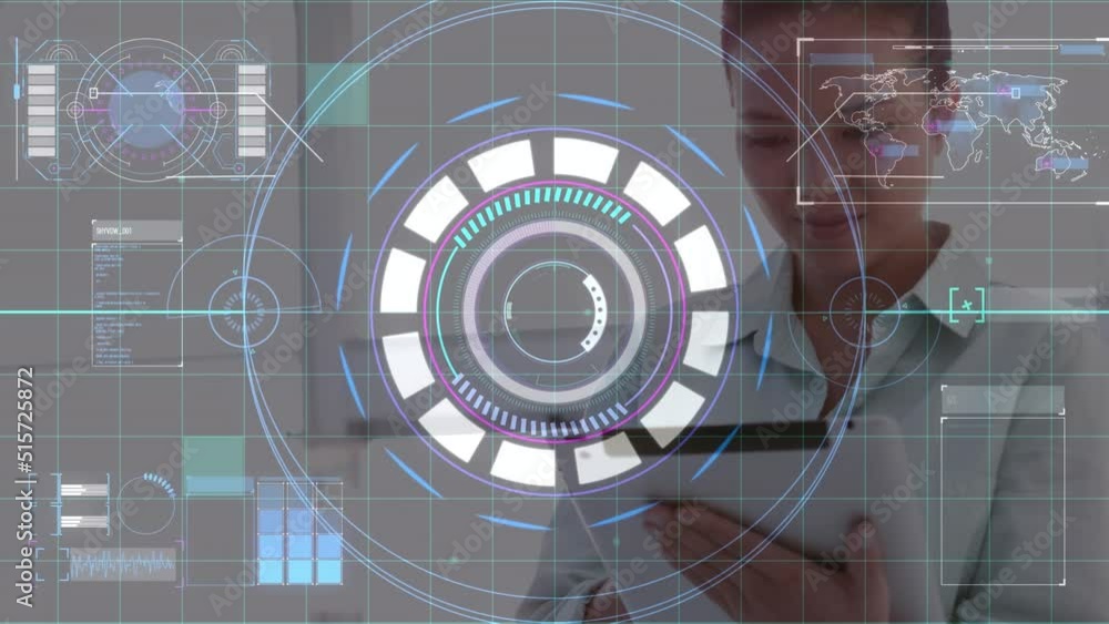 Poster animation of data processing and scope scanning over asian female doctor using tablet