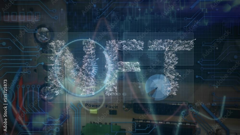 Poster animation of nft text and graph over computer circuit board and server