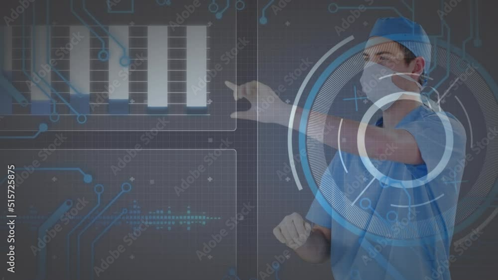 Poster animation of data processing and scope scanning over caucasian male doctor using tablet