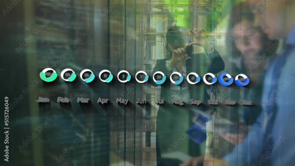 Aufkleber animation of data processing and graph over diverse business people in office