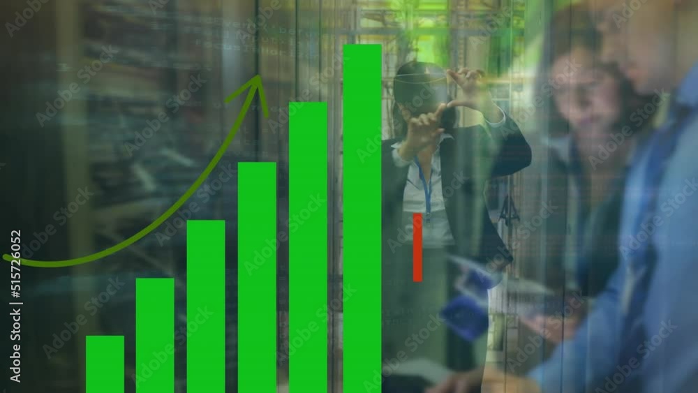 Poster animation of data processing and graph over diverse business people in office