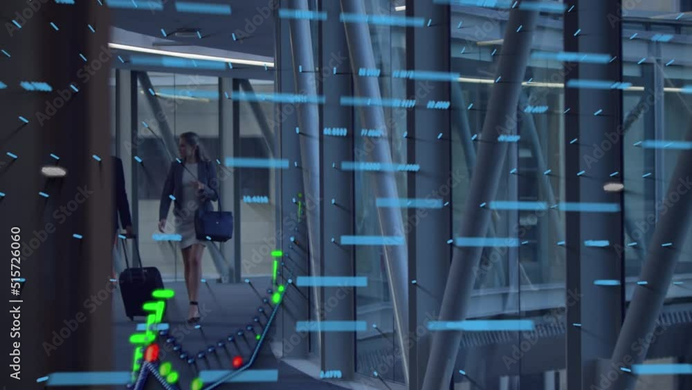 Poster animation of data processing and graph over diverse business people in office