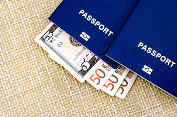 Obraz premium Passports and money. Travel concept. Close up wiev