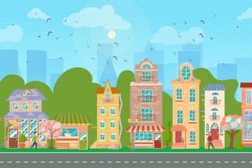 City street. Panoramic cityscape with bright houses, walking pedestrians, flowering trees. Shop and stores. Spring city. Vector illustration in cartoon style.