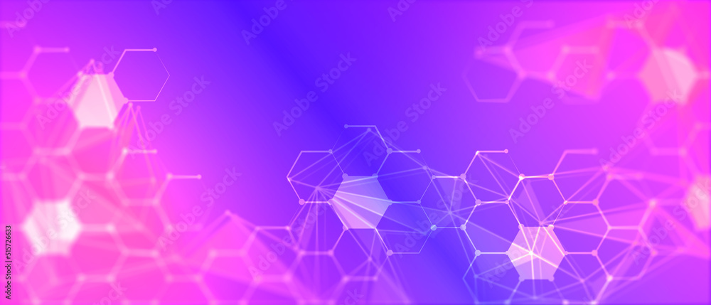 Poster hexagon shapes pattern and connection lines on purple background
