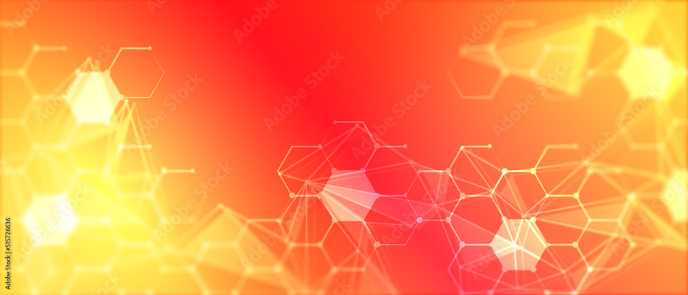 Poster hexagon shapes pattern and connection lines on yellow and red background