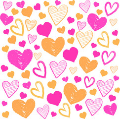 Hand drawn pink and yellow hearts background. Hearts patterns.