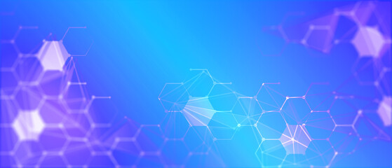Hexagon shapes pattern and connection lines on blue background