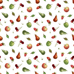 Watercolor seamless pattern for textiles and packaging. Red and green fruit on a white background. 