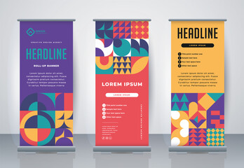 Retro Business Roll Up. Standee Design. Banner Template. Presentation and Brochure. Geometric x-banner and flag-banner advertising. Vector illustration.
