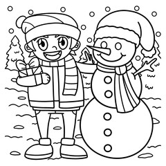 Christmas Snowman With Kid Coloring Page 