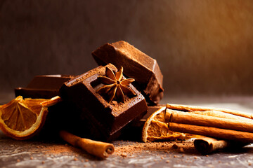 Black chocolate pieces, cinnamon sticks on a dark background