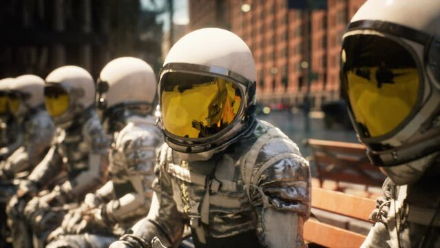 A group of astronauts sits at a bus stop waiting for a bus to the spaceport. The astronauts are discussing their business before the space voyage. Animation perfect for space and sci-fi backgrounds.