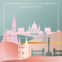 Fashionable information store about Budapest with Parliament, chain bridge, Heroes' Square monument, basilica, church